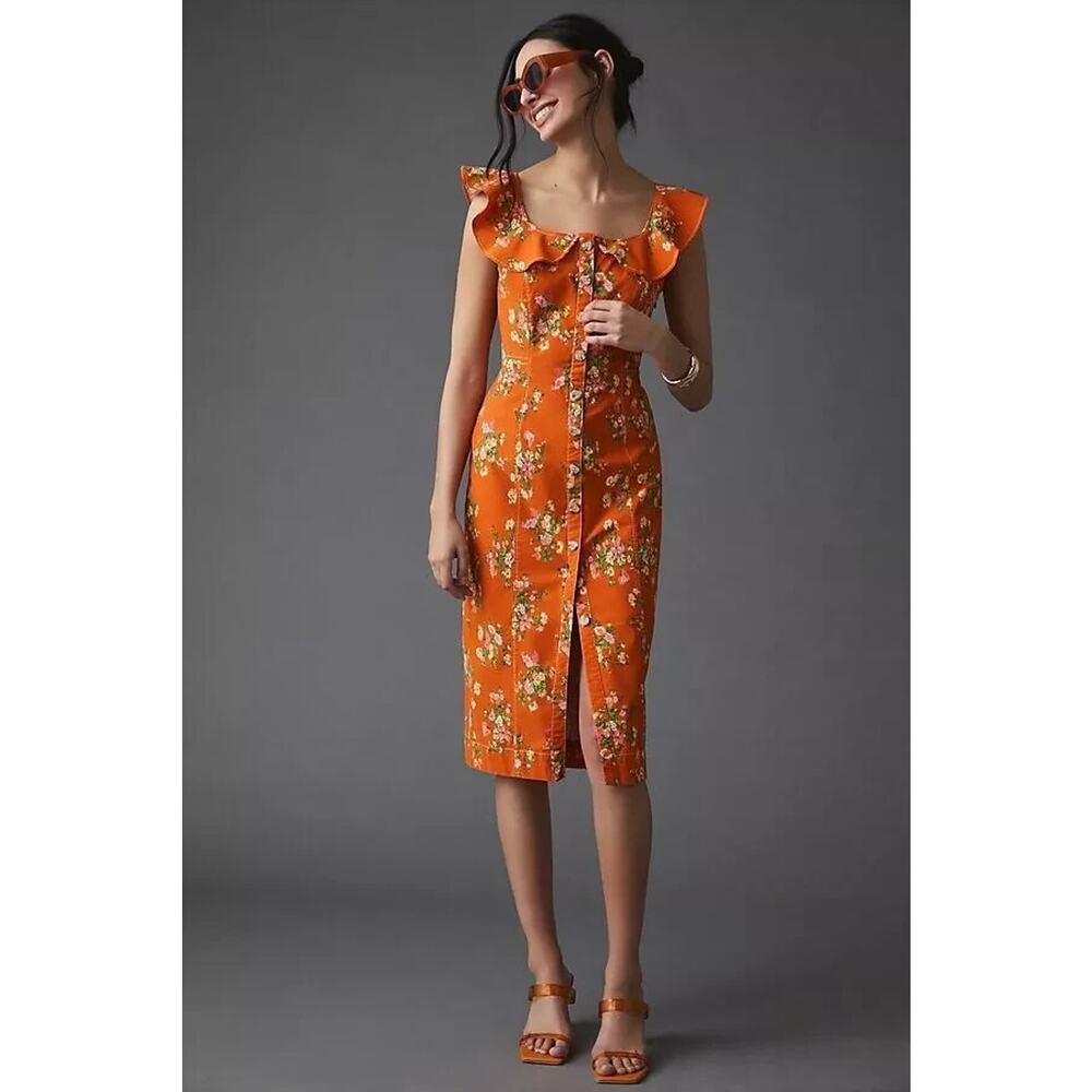 Anthropologie Buttondown Magic Fabric Midi Orange Floral Dress XXSP
